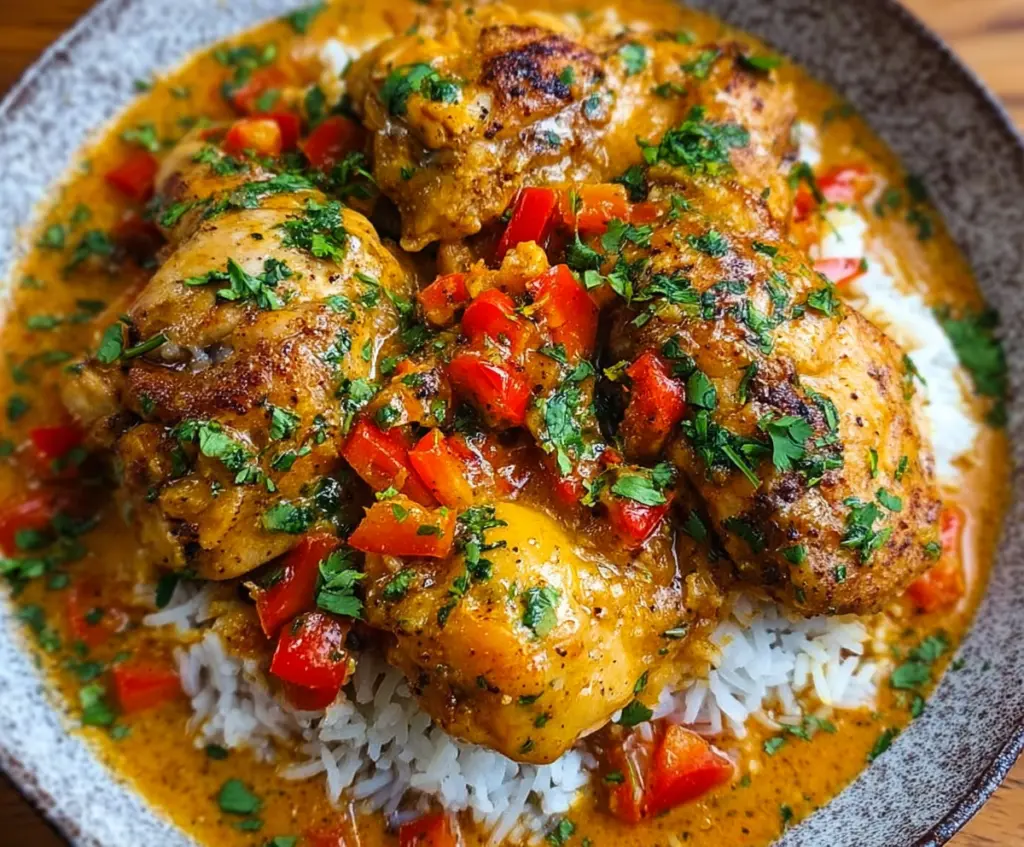 Delicious Brazilian Coconut Chicken served with fresh herbs and coconut flakes on a rustic plate.