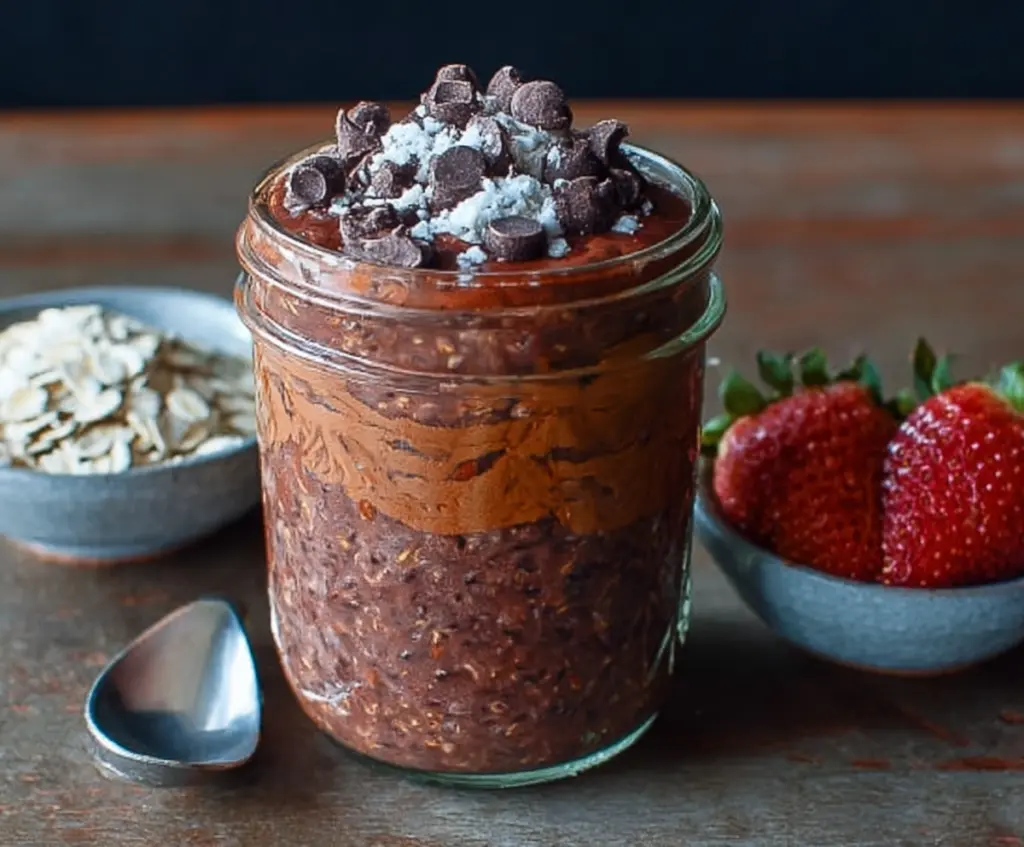 Creamy overnight oats mixed with rich brownie batter for a delicious breakfast treat.