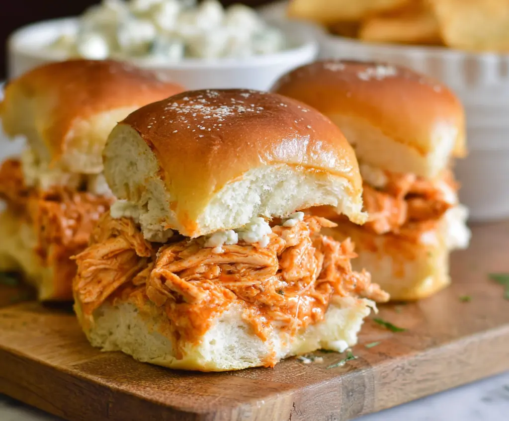 Delicious buffalo chicken sliders topped with fresh celery and creamy dressing on a platter.