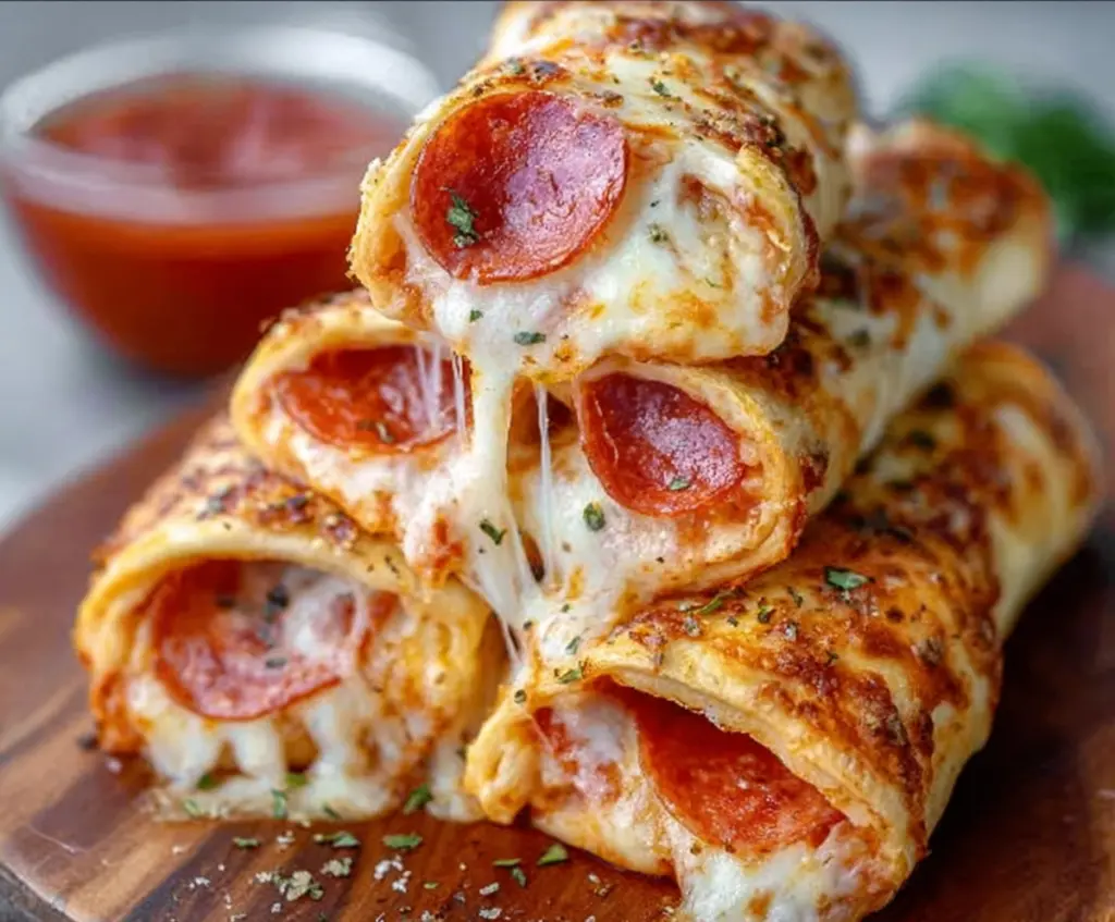 Delicious cheesy pepperoni pizza roll-ups fresh out of the oven, perfect for snack or party appetizer.