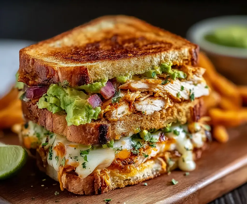 Delicious Chicken Avocado Melt Sandwich on whole grain bread with melted cheese and fresh avocado slices.