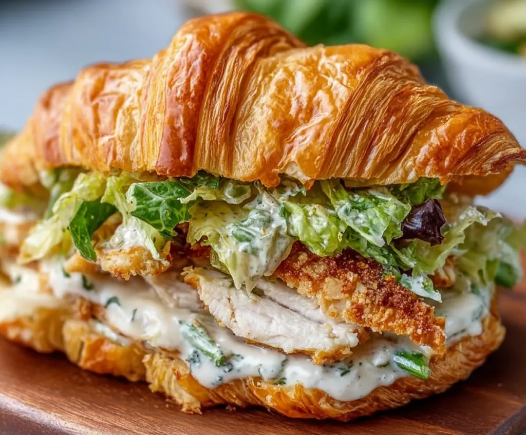 Delicious Chicken Caesar Croissant Sandwich with fresh lettuce and creamy dressing on a rustic wooden table.