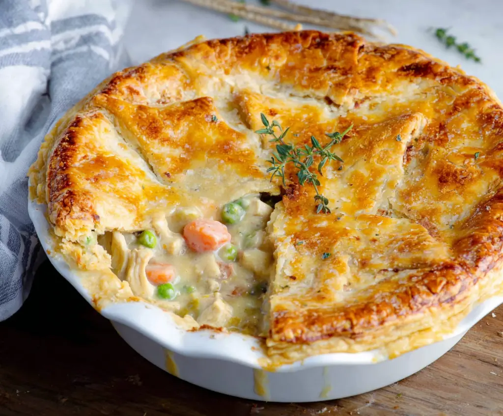 Delicious chicken pot pie with a golden flaky crust and hearty filling ready to serve.