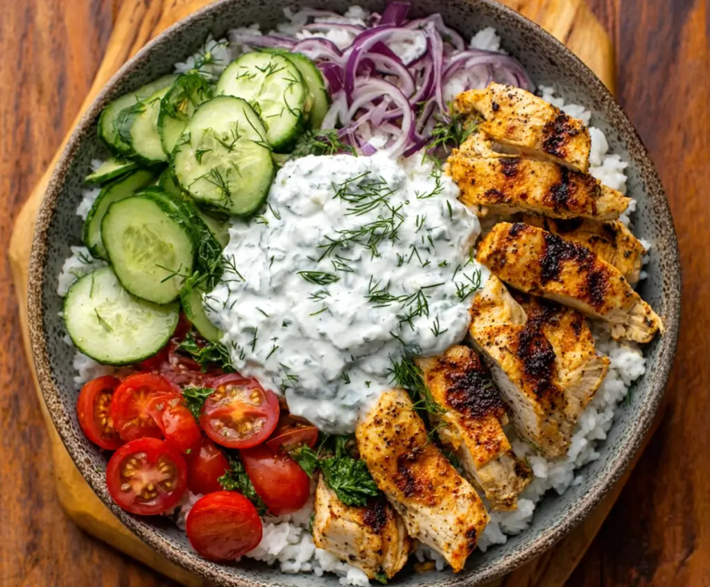 Delicious Chicken Tzatziki Bowl with grilled chicken, fresh vegetables, and creamy tzatziki sauce on a white plate.