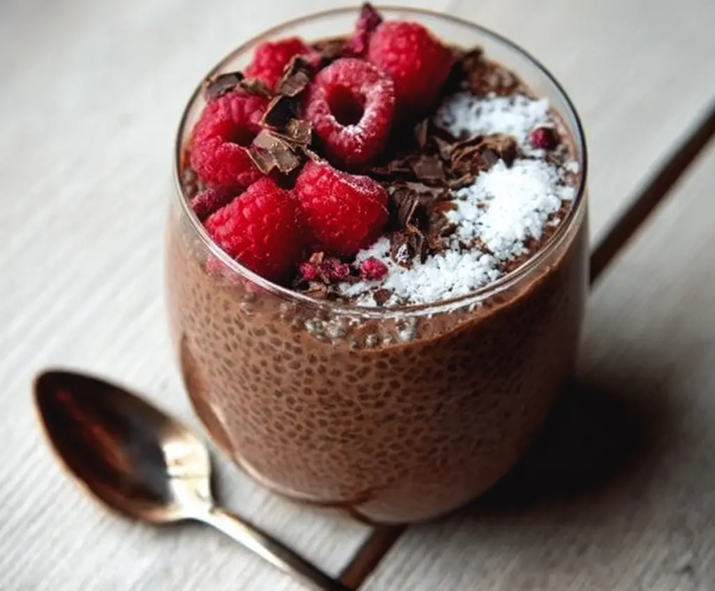 Delicious chocolate chia pudding in a glass bowl topped with fresh berries and mint