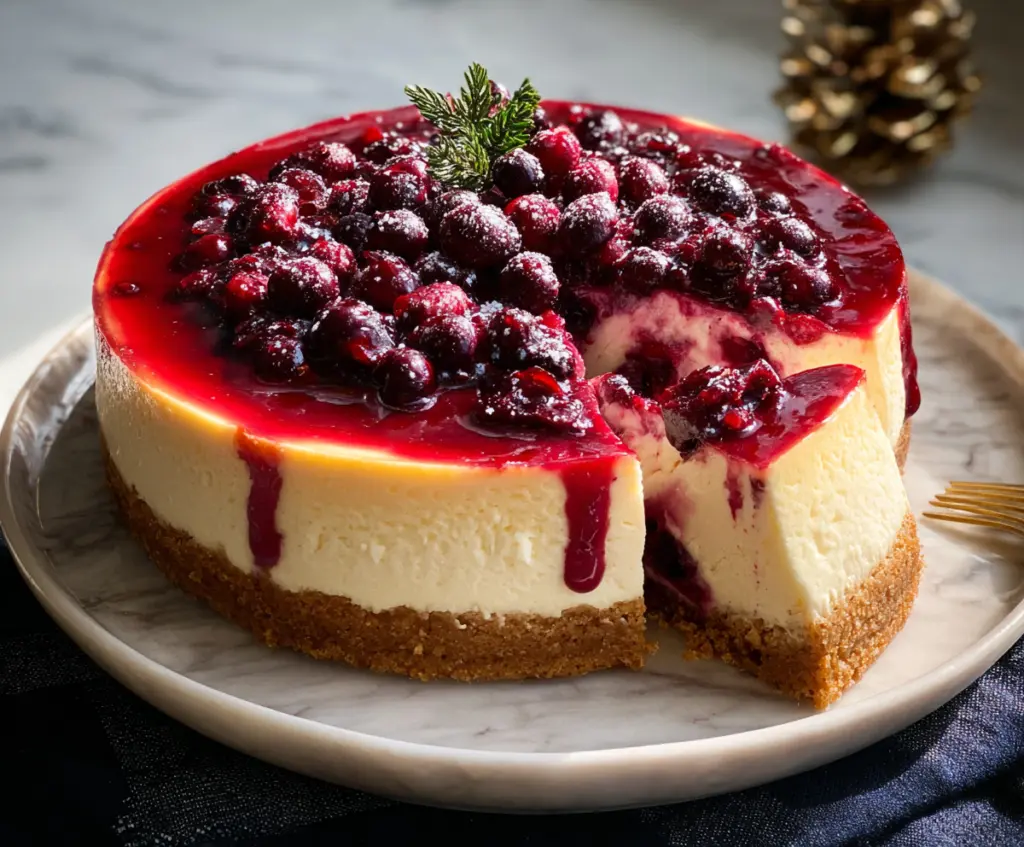 Festive Christmas Cranberry Cheesecake with a creamy topping and fresh cranberries on top, perfect for the holiday season.
