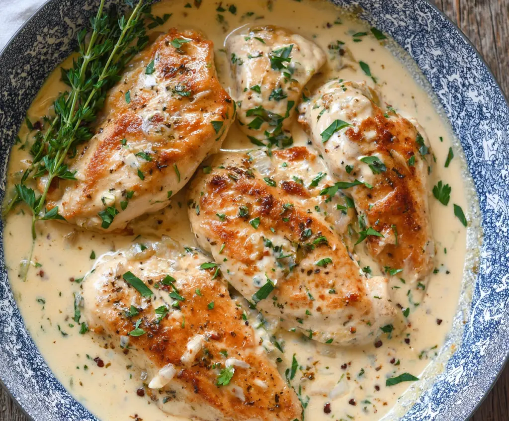 Creamy Boursin Chicken dish with tender chicken breasts covered in a rich, creamy Boursin cheese sauce.
