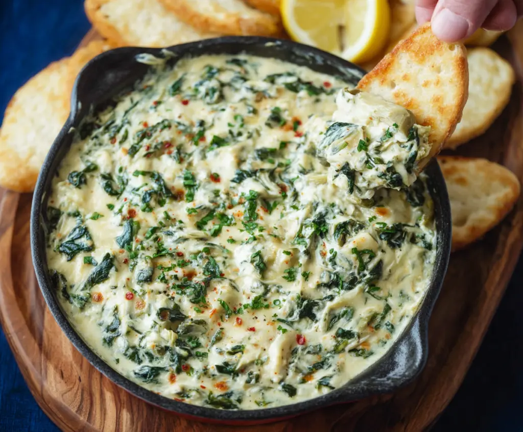 Creamy spinach and artichoke dip served with crispy chips, perfect as an appetizer.