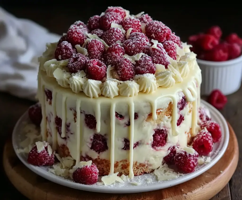 Decadent White Chocolate Raspberry Dream Cake with fresh raspberries and smooth white chocolate frosting