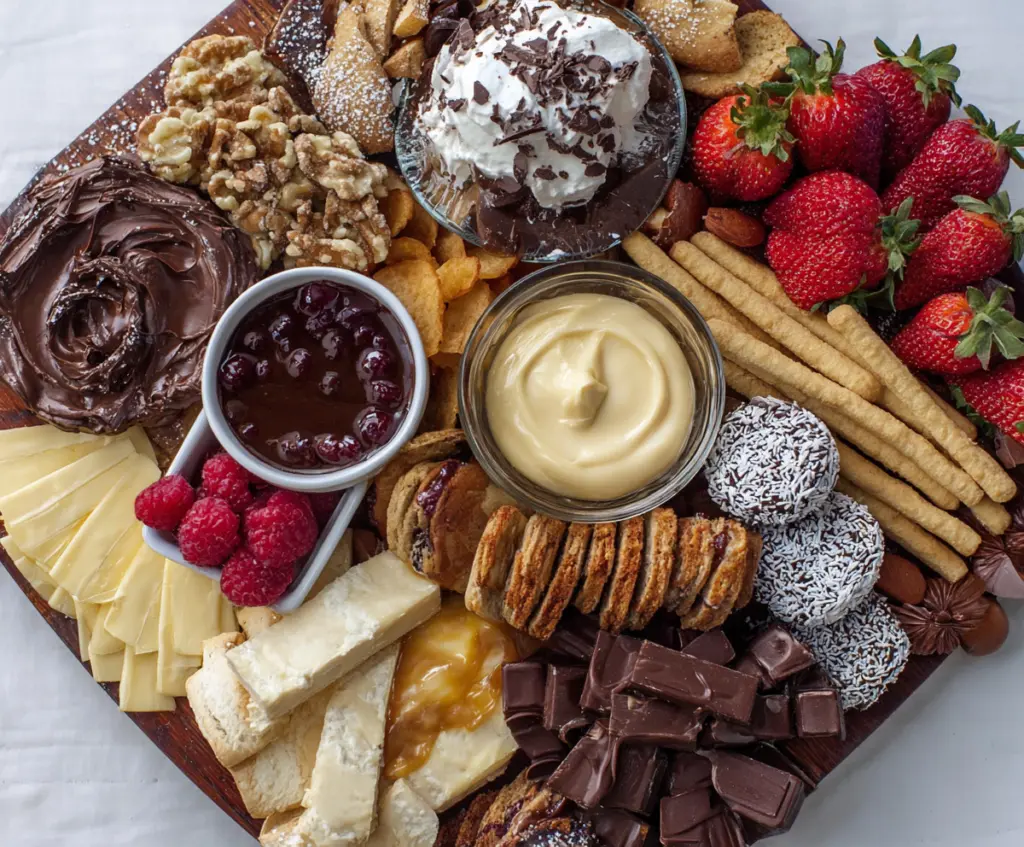 Colorful dessert charcuterie board featuring a variety of chocolates, fruits, and sweet treats for a visually appealing dessert display.