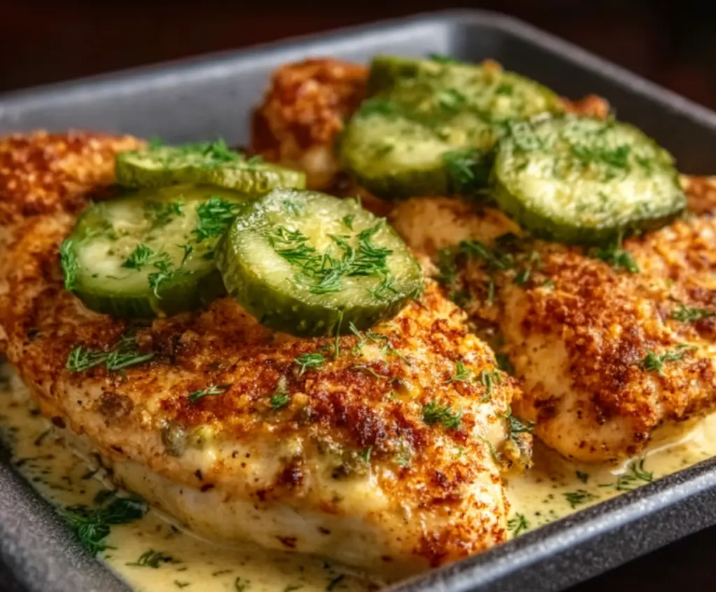 Dill Pickle Parmesan Chicken served on a plate with fresh herbs, showcasing a crispy, cheesy chicken dish.