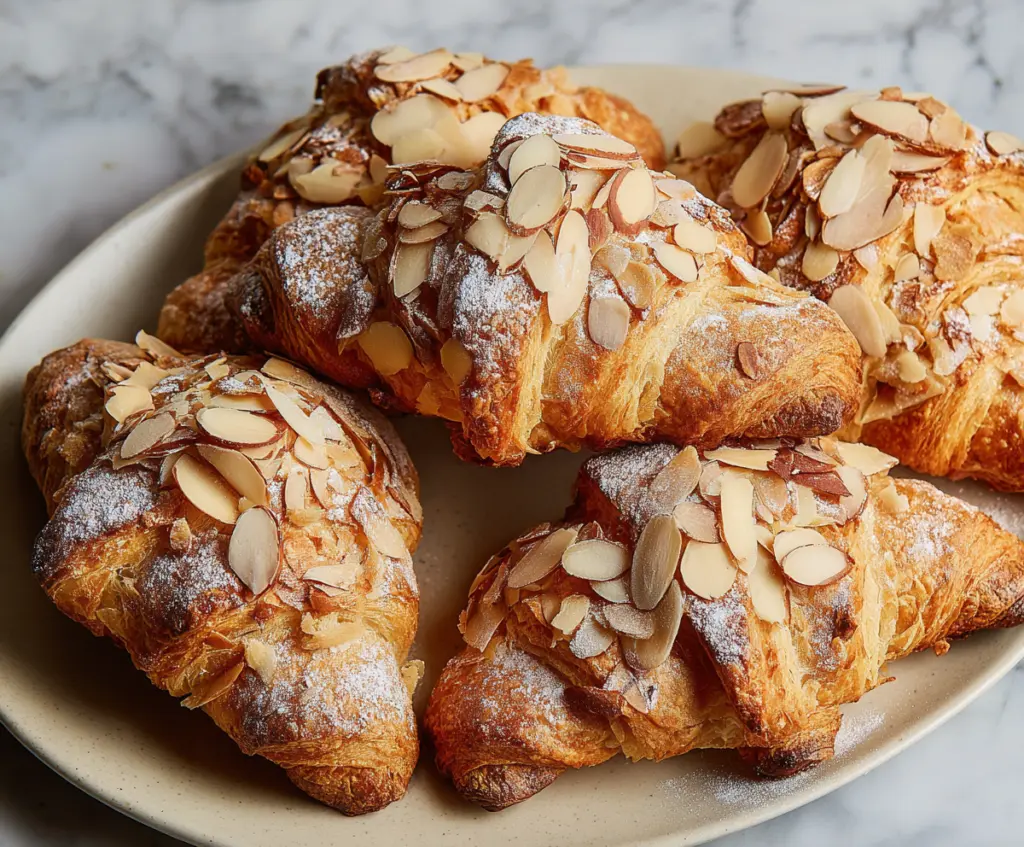 Delicious homemade almond croissants with a golden crust on a baking tray.