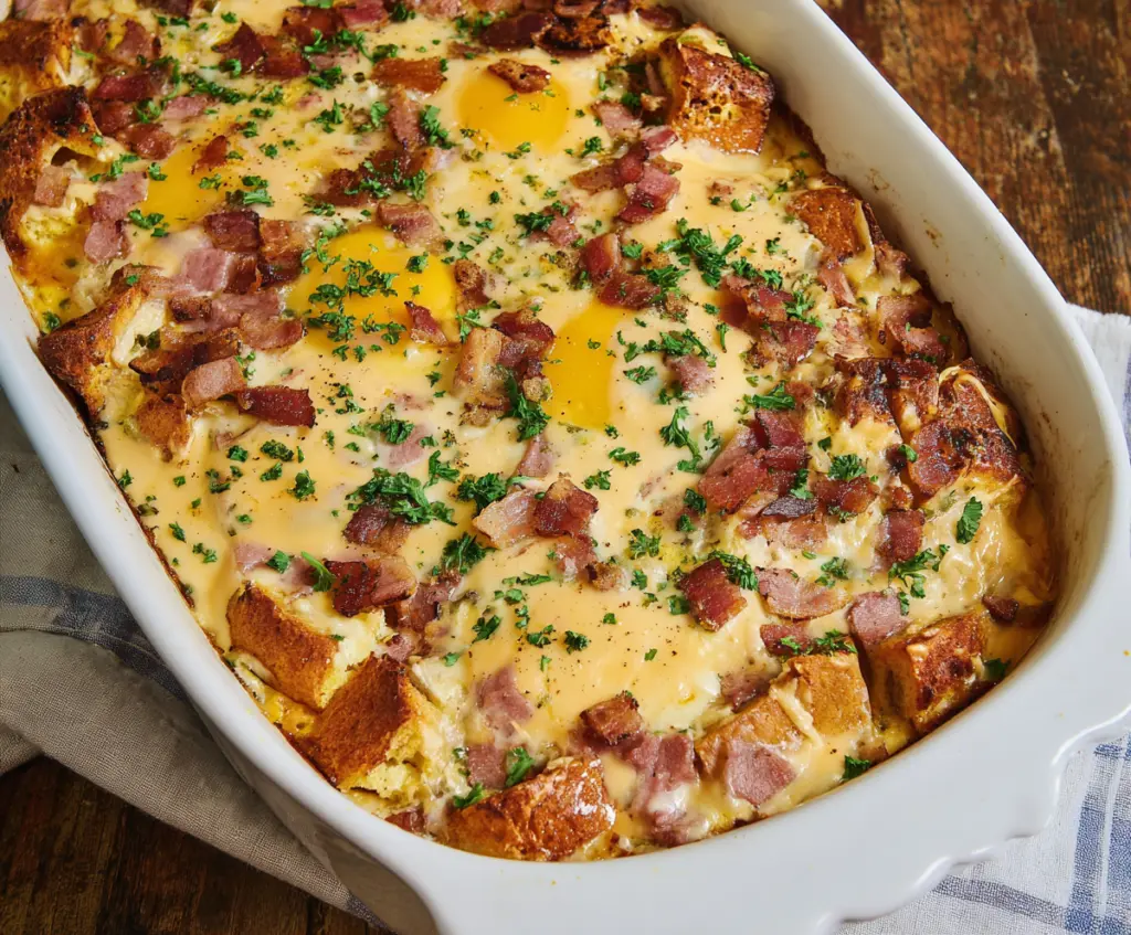 Delicious Eggs Benedict Casserole for a hearty breakfast with eggs, ham, and hollandaise sauce.