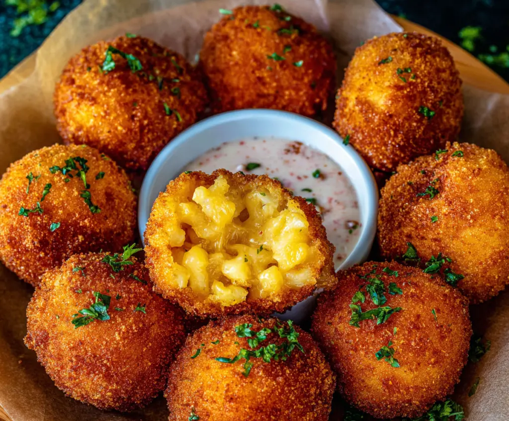 Golden crispy fried mac and cheese balls served as a delicious appetizer.