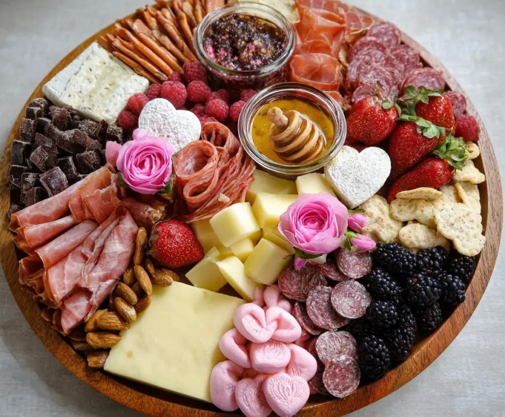 Colorful Galentine’s Day charcuterie board with cheese, fruits, and crackers for a festive celebration.