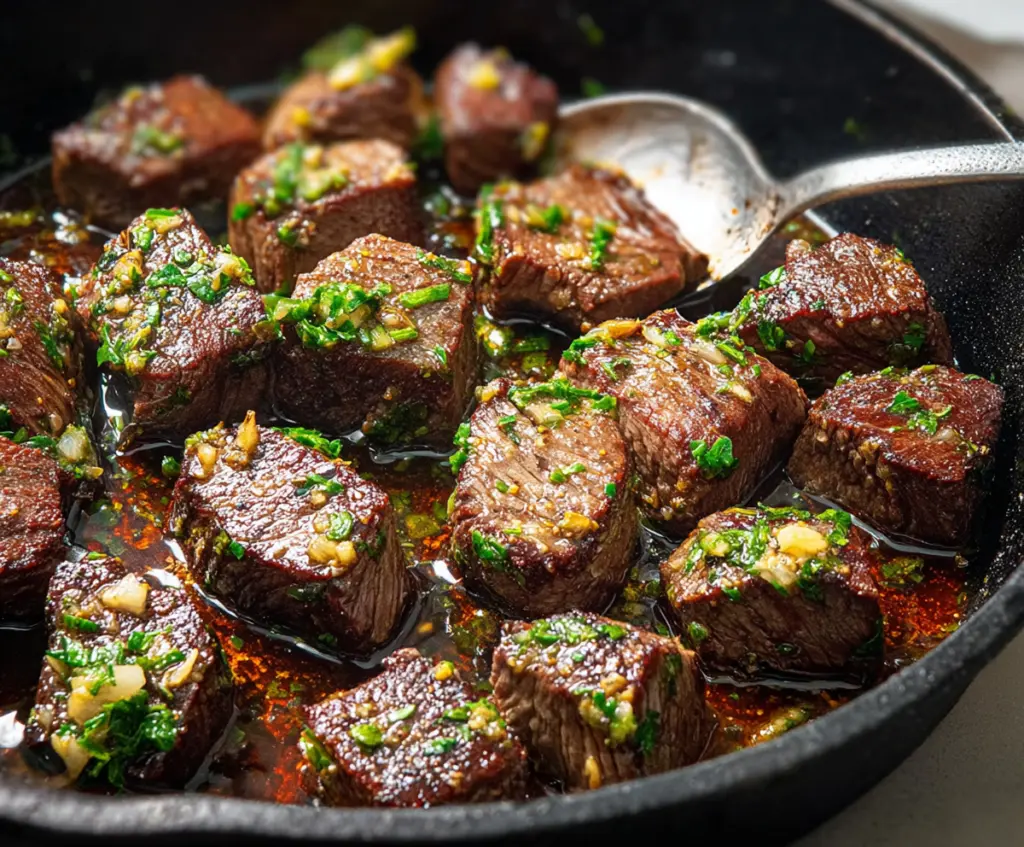 Juicy garlic butter steak bites served on a plate with fresh herbs.