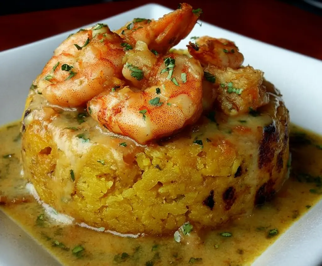 Delicious Garlic Shrimp Mofongo served in a rustic bowl, highlighting vibrant shrimp and traditional mashed plantains.