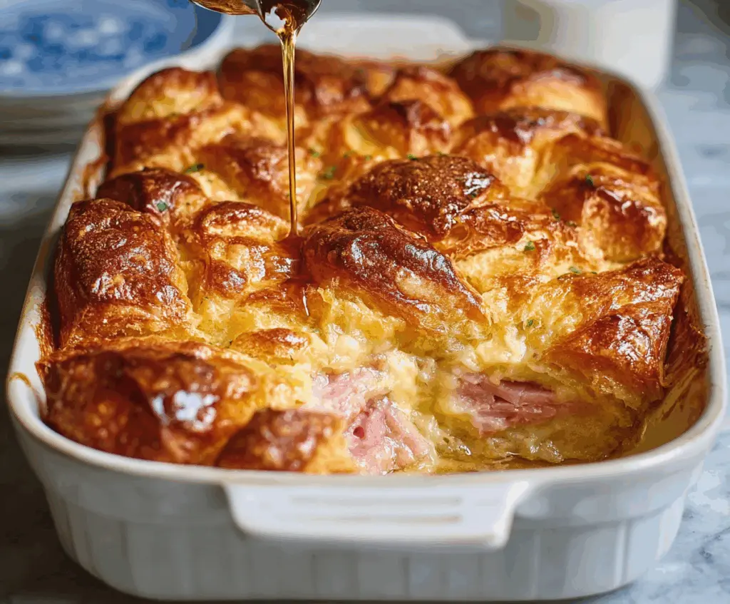 Delicious ham and cheese croissant casserole baked to perfection, perfect for breakfast or brunch.