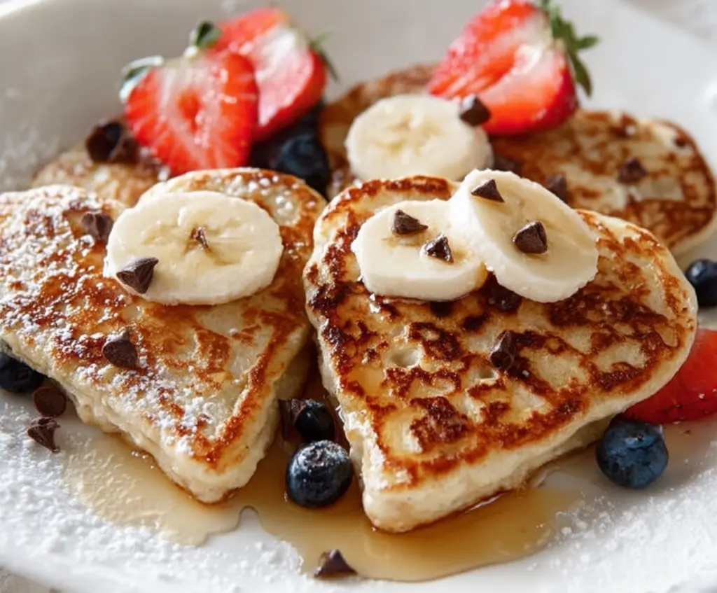 Delicious heart-shaped pancakes topped with fresh strawberries and syrup for a charming breakfast.