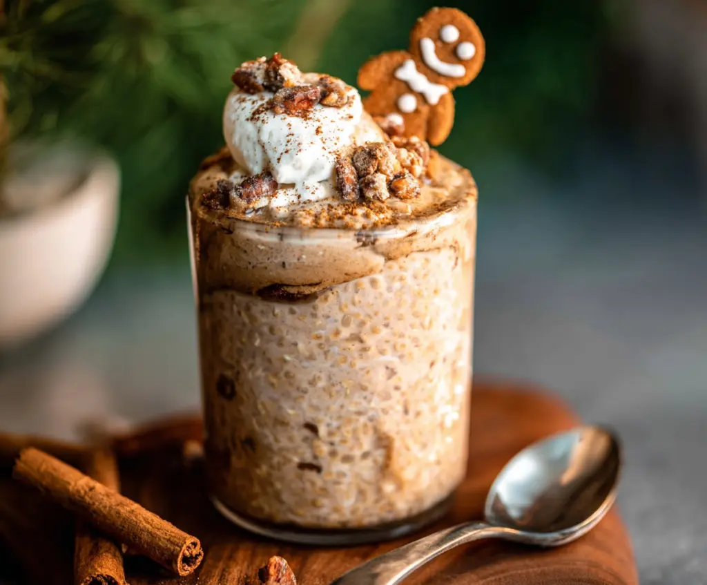 Delicious high protein gingerbread overnight oats topped with nuts and spices in a jar.