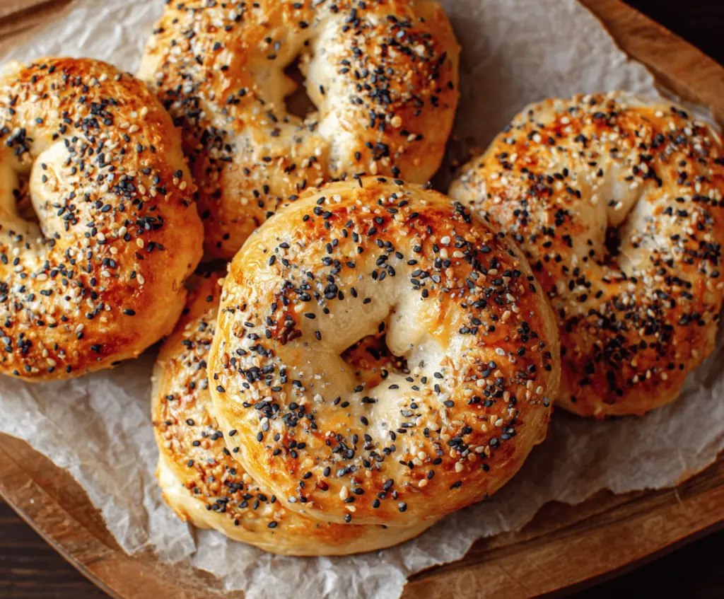 High protein Greek yogurt bagels on a plate, perfect for a healthy breakfast or snack.