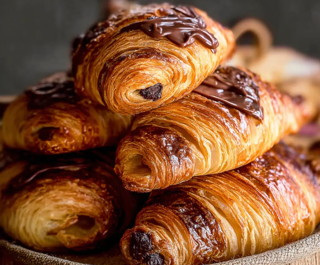 Delicious homemade chocolate croissants with flaky golden layers and rich chocolate filling.