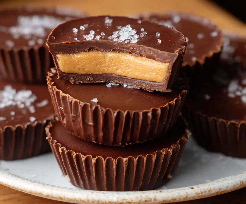 Delicious homemade peanut butter cups with rich chocolate and creamy peanut filling on a rustic wooden table.