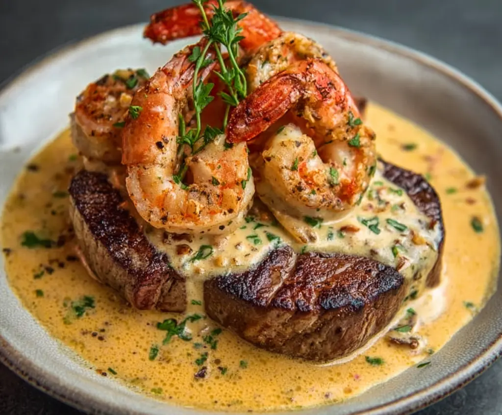 Delicious filet mignon served with shrimp and lobster cream sauce, perfect for a gourmet dinner.
