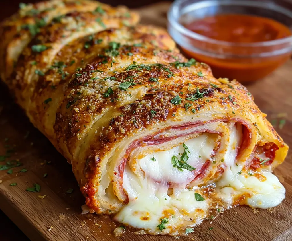 Delicious Italian Stromboli with melted cheese, ham, and vegetables sliced open on a wooden cutting board.
