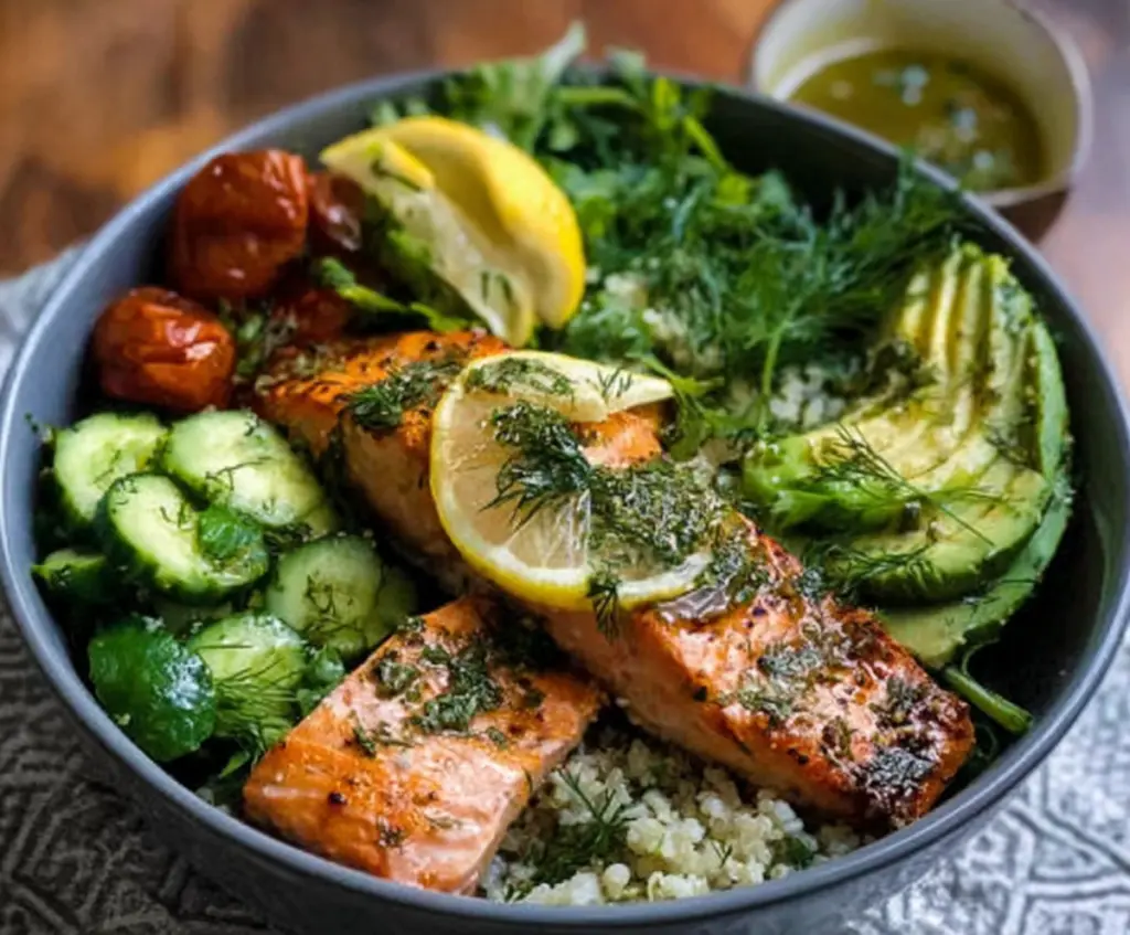 Fresh Lemon Dill Salmon Bowl featuring grilled salmon fillets, vibrant vegetables, and lemon slices.