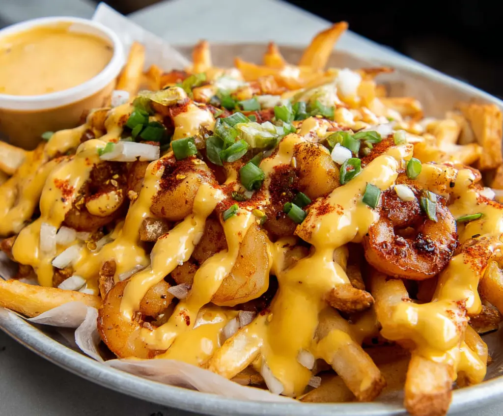 Savory Louisiana Voodoo Fries topped with melted cheese, spicy sausage, and flavorful seasonings.