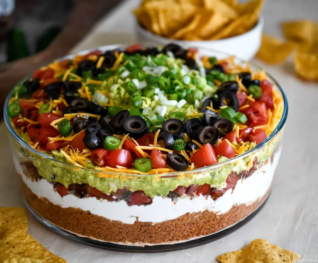 Colorful seven-layer taco dip with fresh ingredients and vibrant toppings ready to serve.