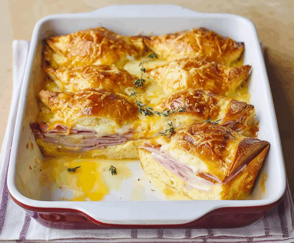 Delicious Monte Cristo Breakfast Casserole with melted cheese and crispy bread slices.