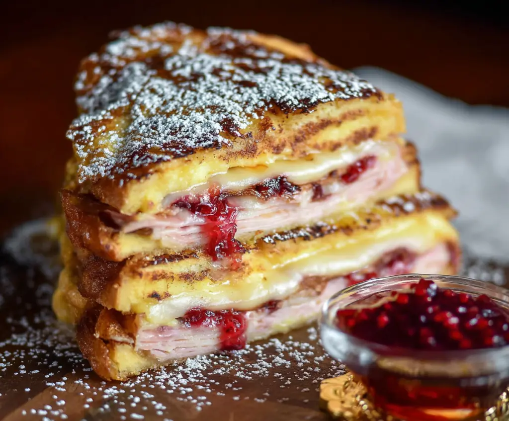 Delicious Monte Cristo Sandwich with melted cheese, ham, and turkey on toasted bread served with a side of berries.