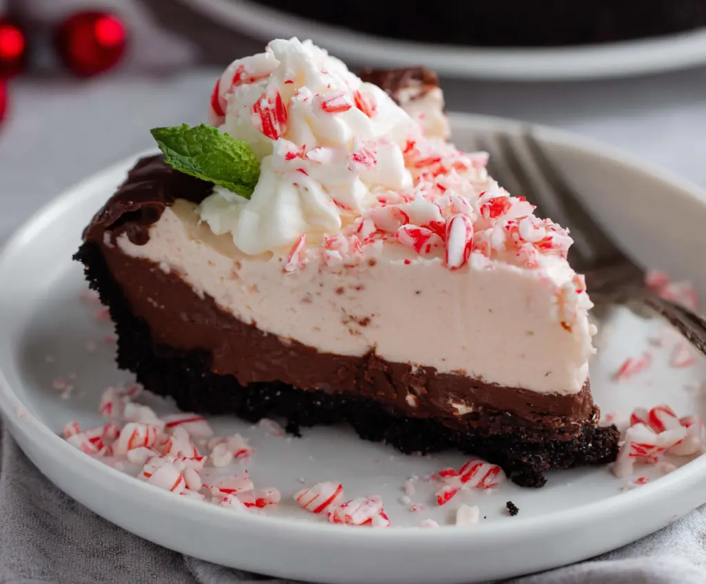 Delicious no-bake peppermint cheesecake topped with crushed peppermint candies for a festive treat.