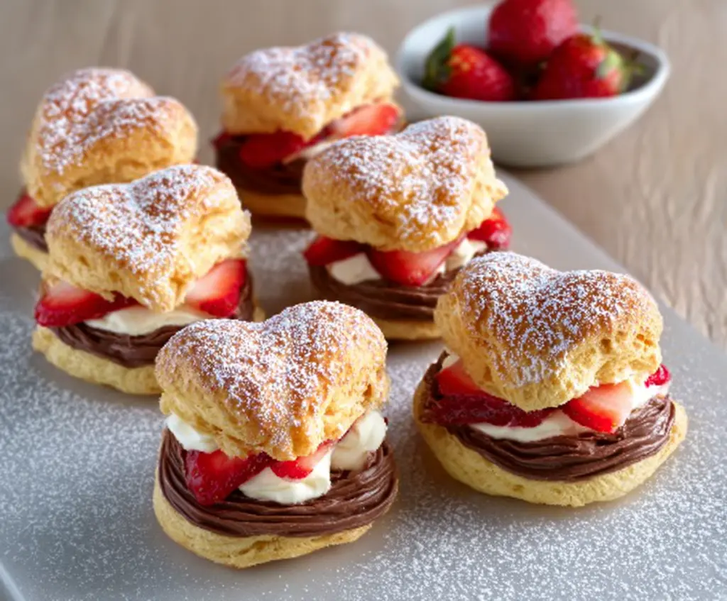 Delicious Nutella strawberry cream puffs with fresh strawberries and a creamy filling on a dessert plate