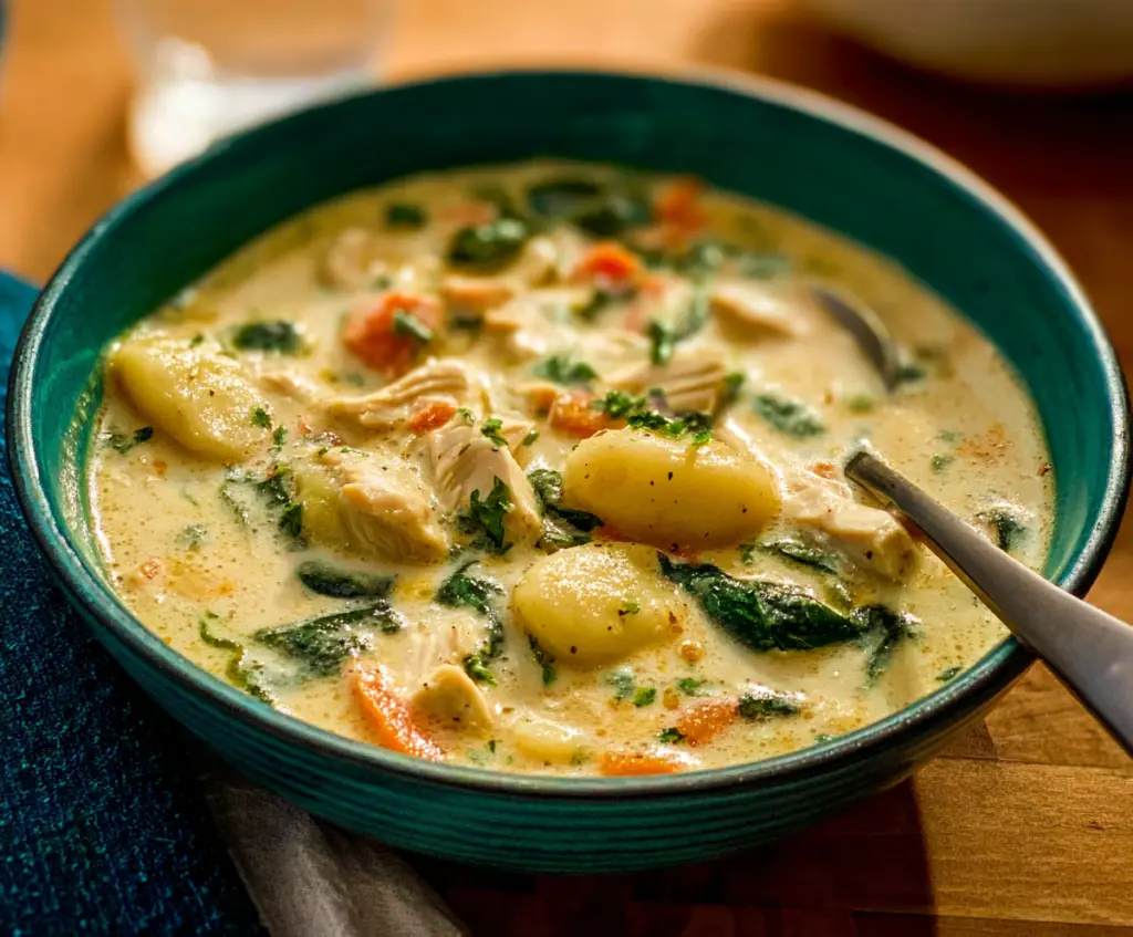 Creamy Olive Garden Chicken Gnocchi Soup in a bowl with fresh herbs and melted cheese