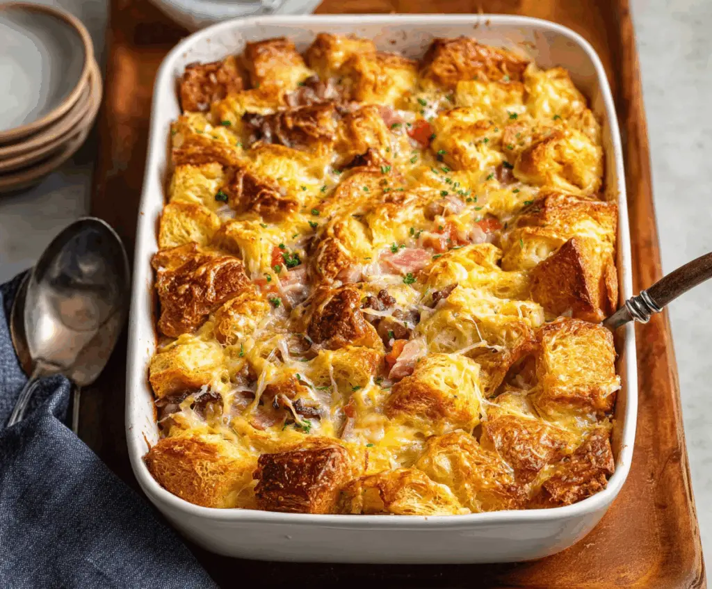 Delicious overnight croissant breakfast casserole with melted cheese and fresh herbs in a baking dish.