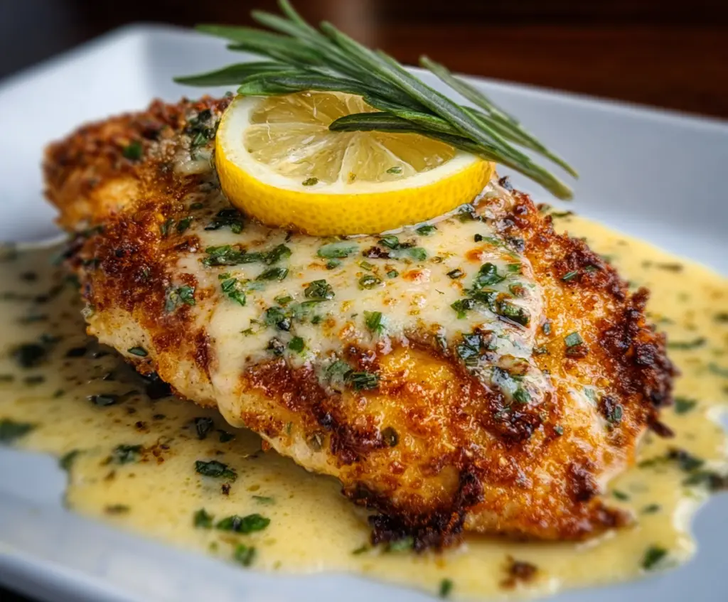 Delicious Pecorino crusted chicken served with fresh herbs