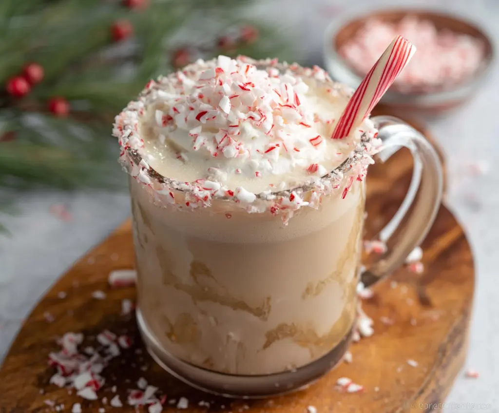 Delicious Peppermint Mocha in a glass cup topped with whipped cream and peppermint sprinkles.