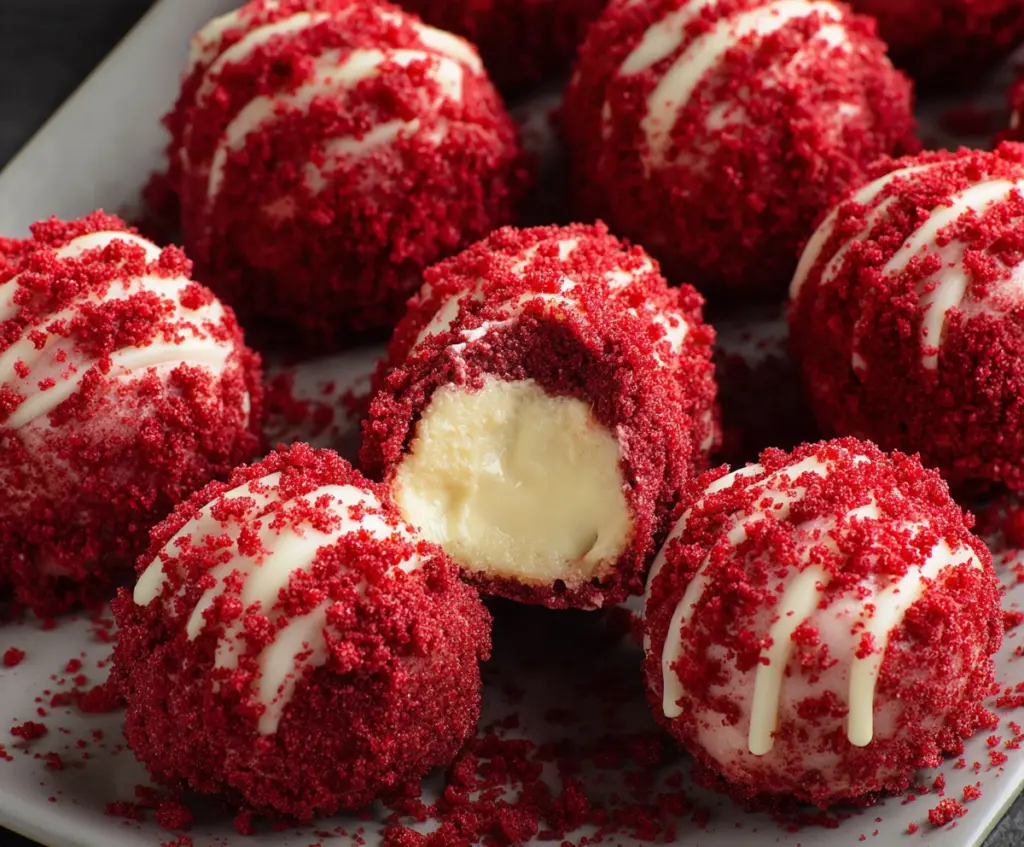 Delicious Red Velvet Cheesecake Bites with creamy frosting on a elegant platter