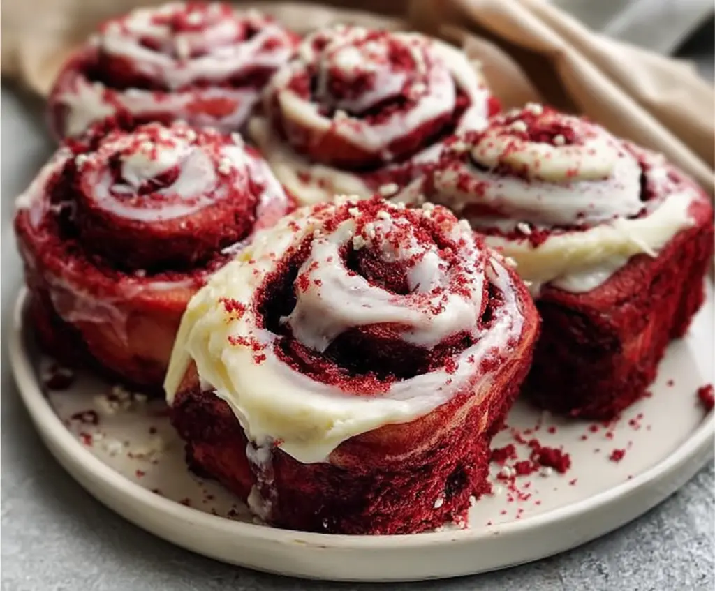 Delicious red velvet cinnamon rolls topped with cream cheese frosting on a baking tray.
