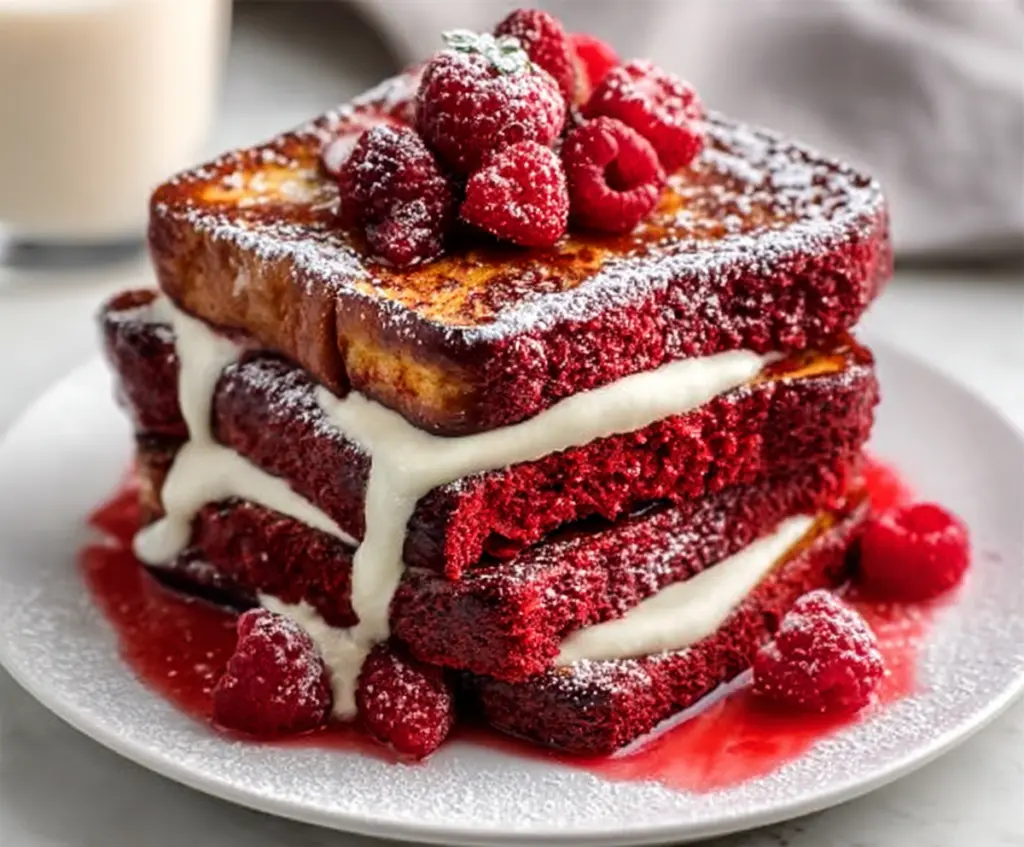 Delicious red velvet French toast topped with cream cheese frosting and fresh berries.