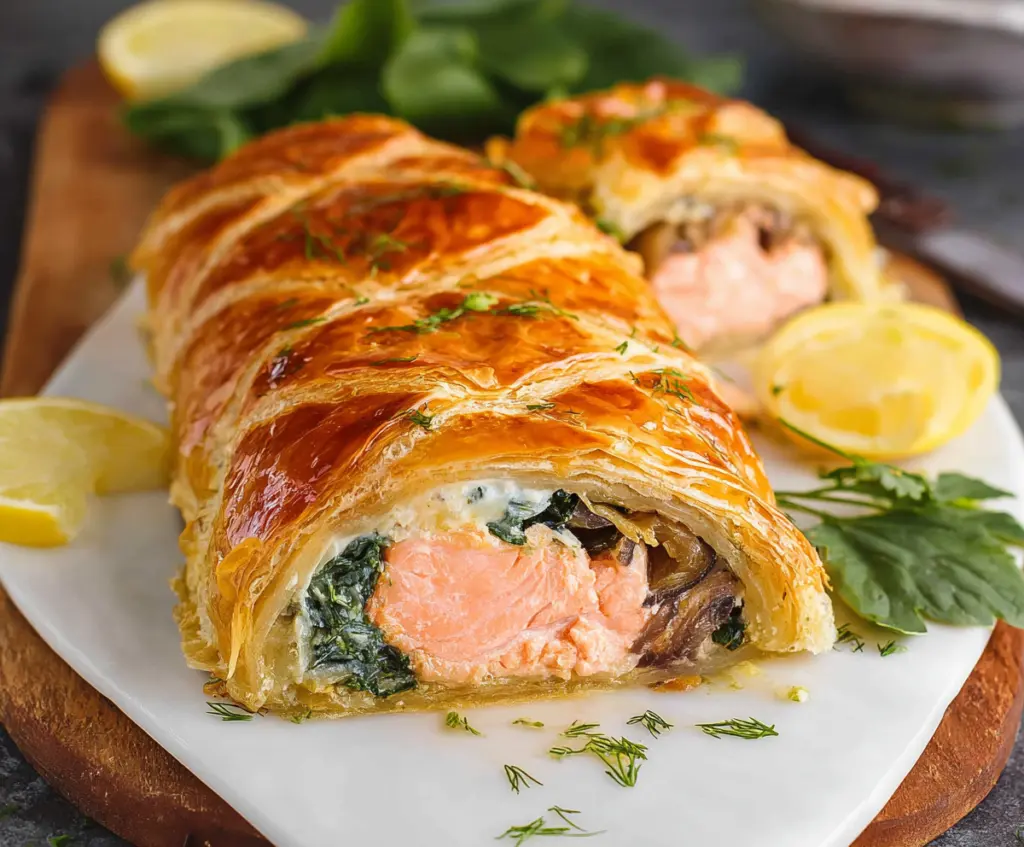 Delicious Salmon Wellington with flaky pastry and fresh herbs ready to be served.