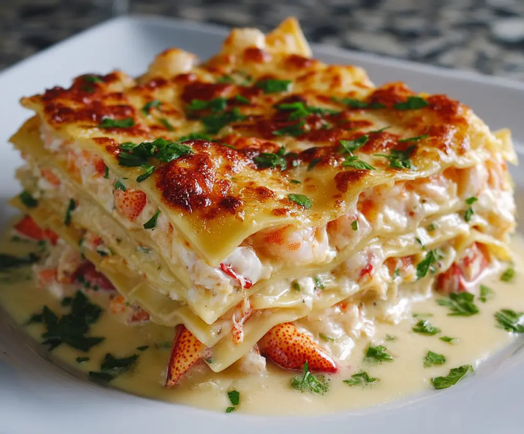 Delicious seafood lasagna with lobster and shrimp, layered with cheese and rich tomato sauce.
