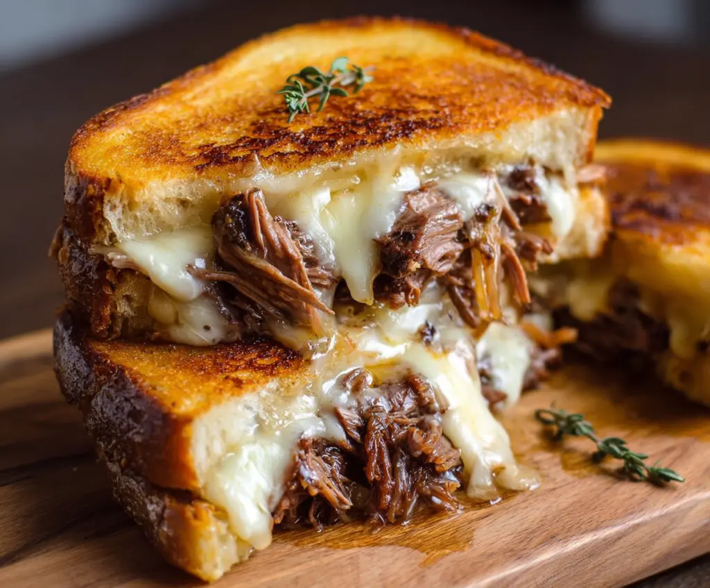 Delicious short rib grilled cheese sandwich with melted cheese and crispy bread.
