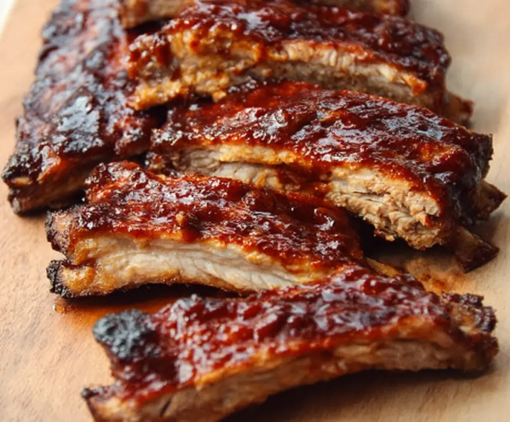 Juicy slow cooker barbecue ribs with tender meat and smoky glaze served on a plate.