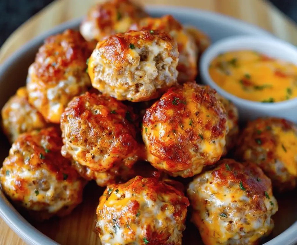 Delicious spicy Rotel cream cheese sausage balls ready to serve as a savory appetizer.