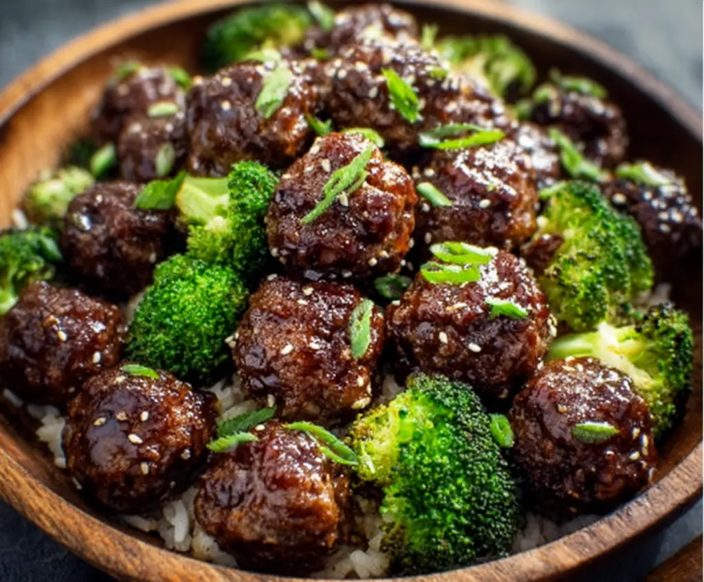 Delicious sticky Mongolian meatballs served with fresh broccoli, a flavorful Asian-inspired dish.