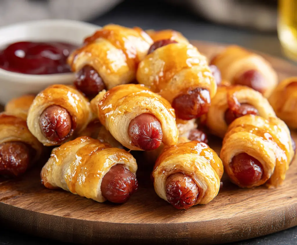 Delicious sweet glazed pigs in a blanket, perfect appetizer for parties and gatherings